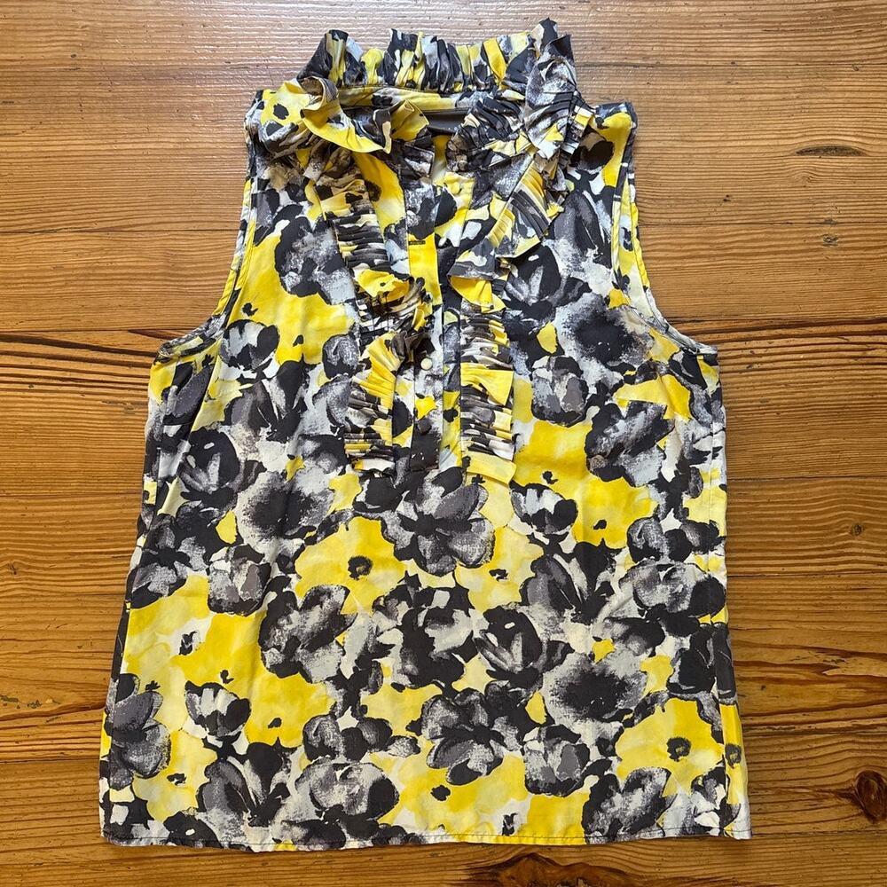 Kenar yellow gray silk feminine romantic floral sleeveless ruffle blouse SIZE M‎